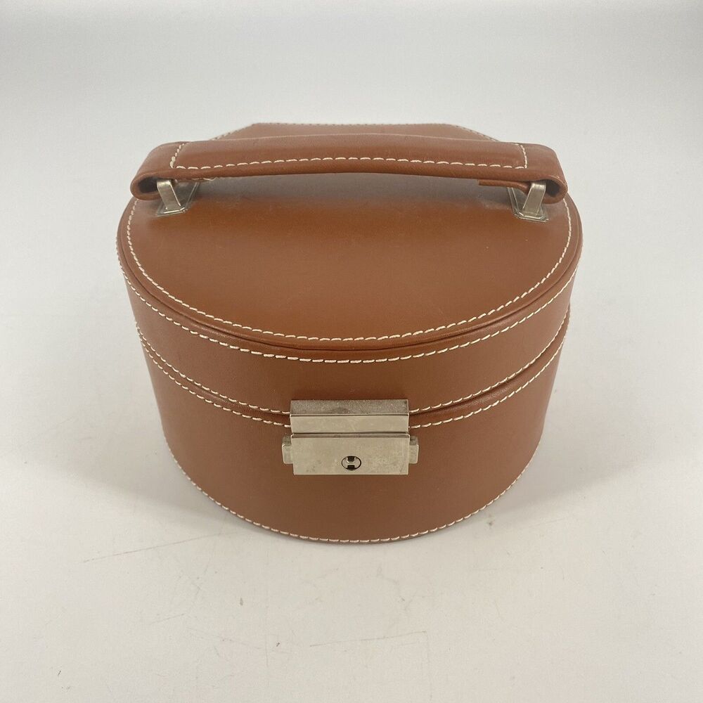 Fossil Genuine Leather Travel Jewelry Box Case Brown Lockable w Keys Mirror